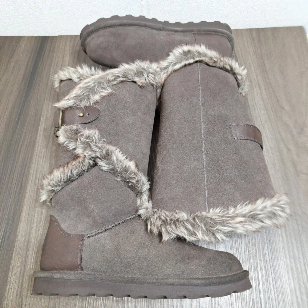 Bearpaw Sheilah Brown Suede Faux Fur Tall Winter Boots Womens 10 2139W